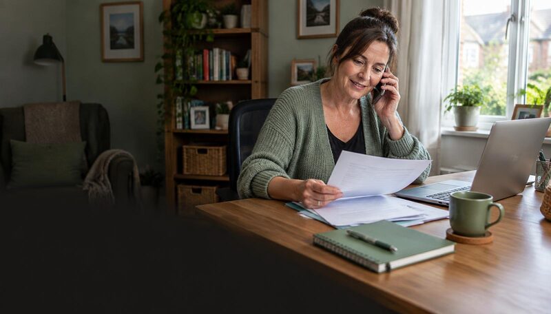 A support worker reviewing paperwork while speaking with a client