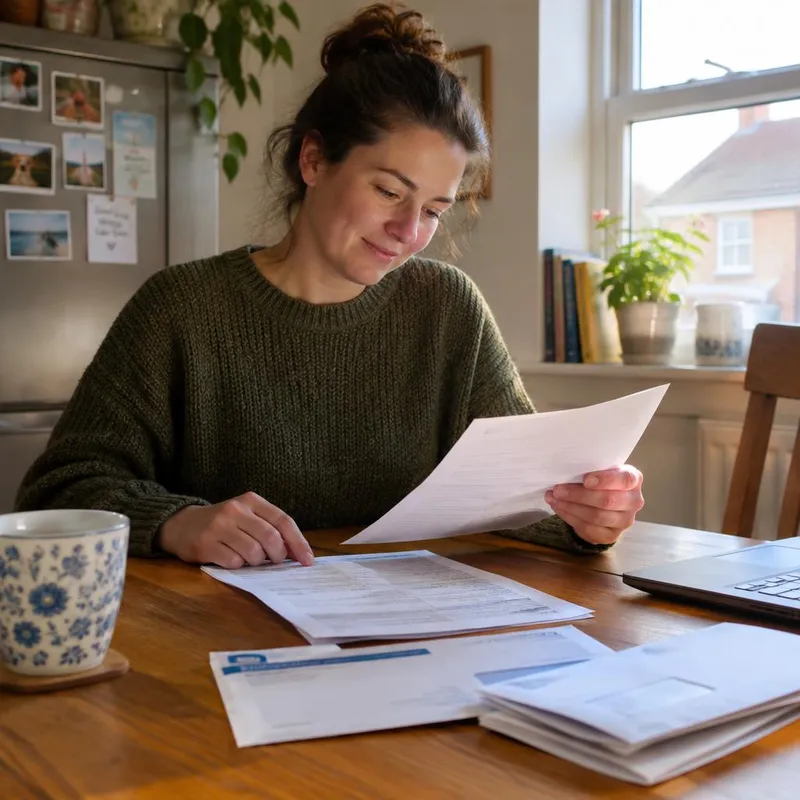 A woman reviewing benefit decision letters at her kitchen table