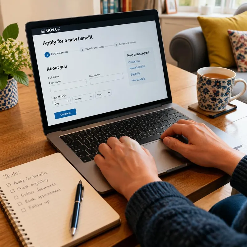 Benefit application documents being reviewed on a laptop at home