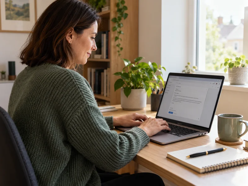 A woman writing a professional application email on her laptop