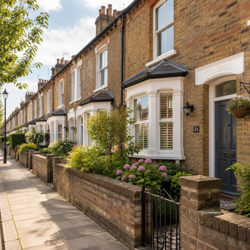 A row of UK terraced houses on a quiet residential street