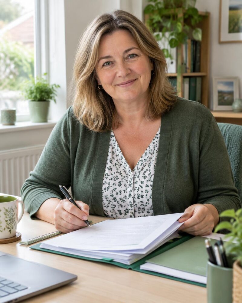A friendly support worker reviewing paperwork at her desk